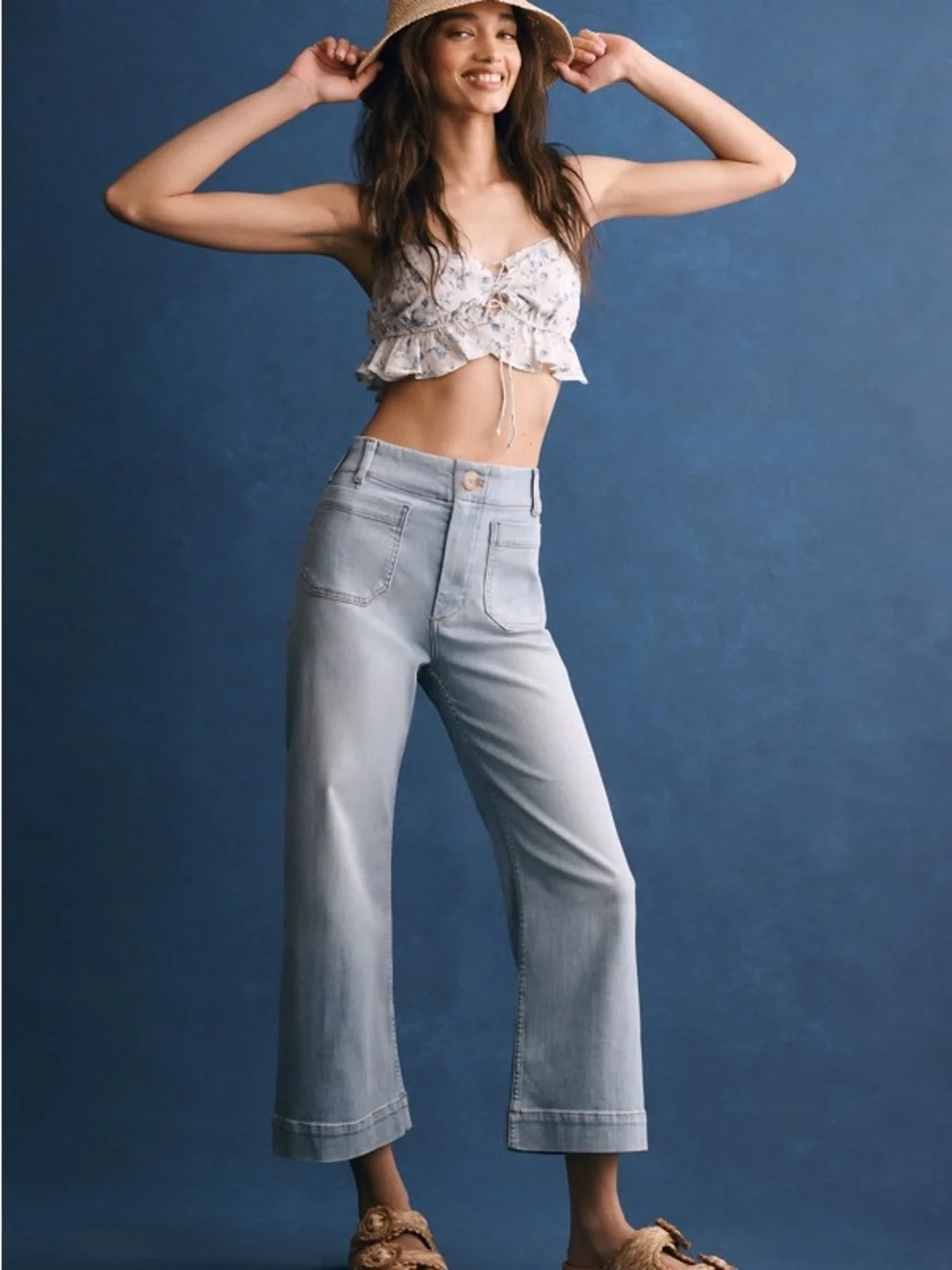 Maeve Colette Jeans Wide Leg Crop Denim Blue Light Wash Patch Pockets Size 30